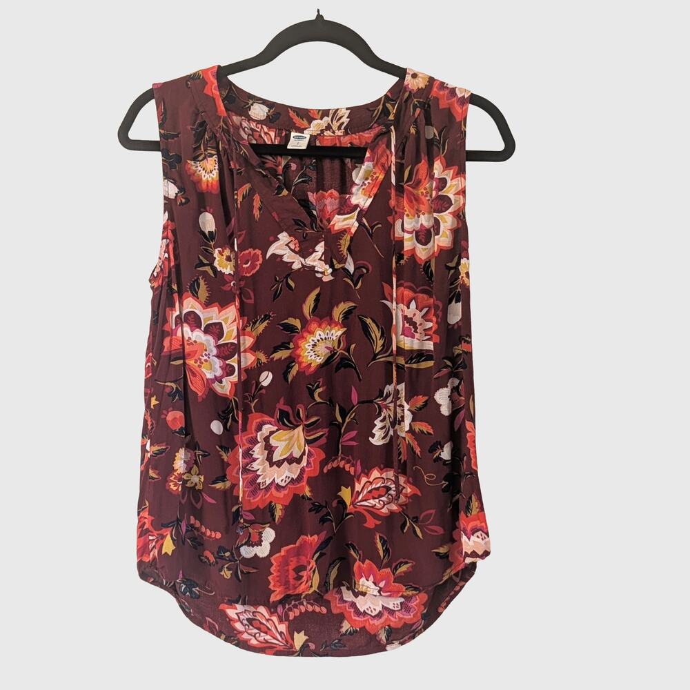 Old Navy Floral Sleeveless Blouse S Burgundy Fall Boho V Neck Tunic Top